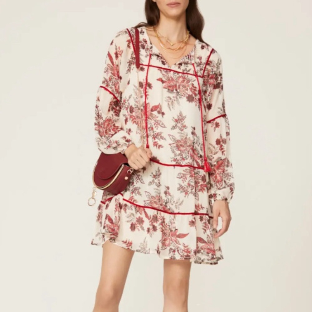 Great Jones Shirred Long Sleeve Floral Dress Off White Red Women's Size M
